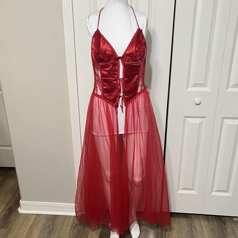 Fredericks Of Hollywood Dress Gown Babydoll Nightie Satin Lace Sheer Long VTG